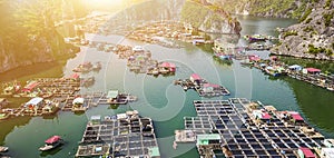 Aerial view of floating fishing village and rock island in Cat Ba island from above. Lan Ha bay. Hai phong, Vietnam