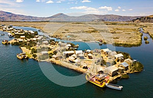 Aerial view of floating islands at Lake Titicaca