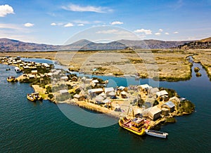 Aerial view of floating islands at Lake Titicaca photo