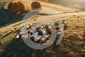 Aerial view of flock of sheep grazing on meadow. Rural landscape with farm animals. Generative AI