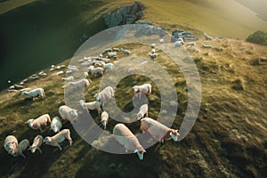 Aerial view of flock of sheep grazing on meadow. Rural landscape with farm animals. Generative AI