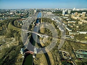 Aerial view of floodgates on the Moscow canal photo