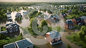 Aerial view Floods and flooded houses. Mass natural disasters and destruction. A big city is flooded after floods