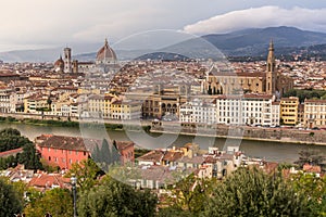 Aerial view of Florence, Italy. Cathedral (Duomo) and Basilica di Santa Croce with its bell towe