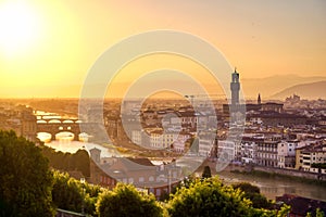 An aerial view of Florence, Italy towards the Ponte Vecchio