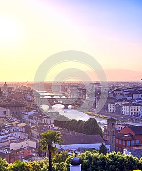 An aerial view of Florence, Italy towards the Ponte Vecchio