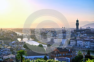 An aerial view of Florence, Italy towards the Ponte Vecchio