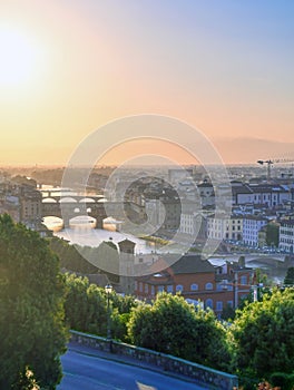 An aerial view of Florence, Italy towards the Ponte Vecchio