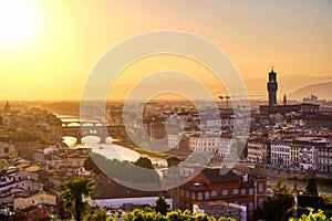 An aerial view of Florence, Italy towards the Ponte Vecchio