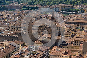 Aerial view of Florence and Palazzo Vecchio in Piazza della Signoria in Florence, Italy