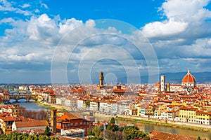 Aerial view of Florence with Ponte Vecchio, river Arno and Florence Duomo, Tuscany, Italy