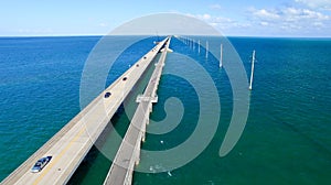 Aerial view of Florida Keys Bridge at sunset