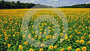 Aerial view of the flowering sunflowers field at noon. 4k Beautiful fields sunflowers. 4k stock footage.