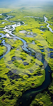 Aerial View Of Flowing River In Vibrant Wetlands