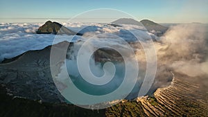 Aerial view fly back from Kawah Ijen volcano crater, Indonesia