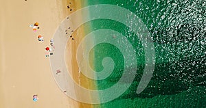 Aerial View From Flying Drone Of People Crowd Relaxing On Beach