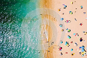 Aerial View From Flying Drone Of People Crowd Relaxing On Beach