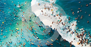 Aerial View From Flying Drone Of People Crowd Relaxing On Beach - AI generated