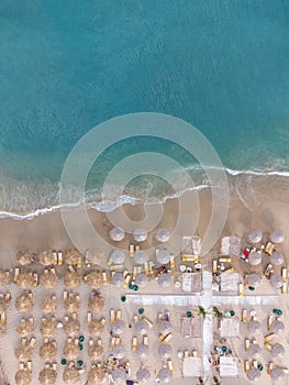 Aerial View From Flying Drone Of People Crowd Relaxing On Beach In Bulgaria