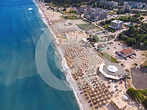 Aerial View From Flying Drone Of People Crowd Relaxing On Beach In Kranevo, Bulgaria