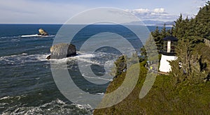 Aerial View Flying Over Cape Mears Lighthouse Pacific Ocean