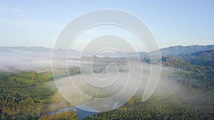 Aerial View, Flying over the mountains and trees with beautiful clouds and sky in sunrise