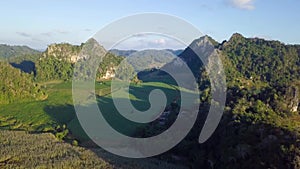 Aerial View, Flying over the mountains and trees with beautiful clouds and sky in sunrise