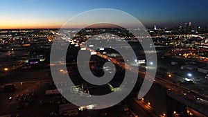 Aerial View Flying Through South Philadelphia Towards Center City at Night