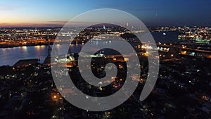 Aerial View Flying Through South Philadelphia Towards Center City at Night