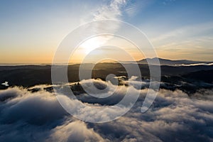 Aerial View of Fog and Hills in Bay Area at Sunrise