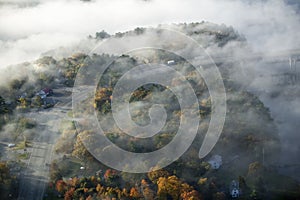 Aerial view of fog over Bath, Maine photo