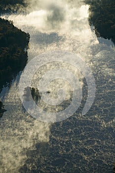 Aerial view of fog on river in Maine