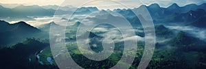 Aerial view of Foggy landscape in the jungle. Fog and cloud mountain tropic valley landscape. Generative Ai