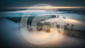 an aerial view of a foggy landscape with a small town in the middle of the picture and the sun shini