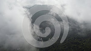 Aerial view foggy low cloud cover the residential apartment house