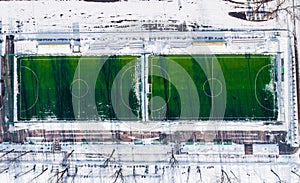 Aerial view of football field at winter