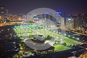 Aerial view of football grounds in Hanoi at night. Cau Giay district