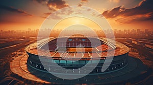 Aerial view of a football stadium at sunset. Sport concept