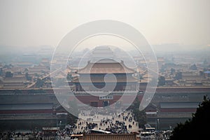 Aerial view on forbidden city, gugong, with smog in Beijing, CHINA, traditional chinese architecture