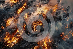 Aerial view of forest ablaze, parched landscape amidst scorching weather