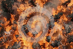 Aerial view of forest ablaze, parched landscape amidst scorching weather