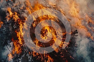 Aerial view of forest ablaze, parched landscape amidst scorching weather