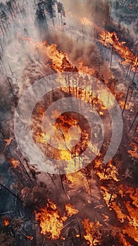 Aerial view of forest ablaze, parched landscape amidst scorching weather