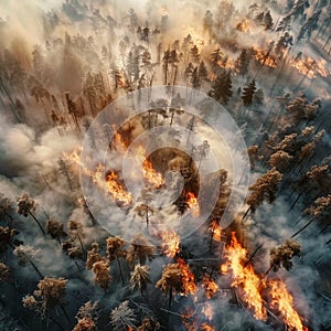 Aerial view of forest ablaze, parched landscape amidst scorching weather