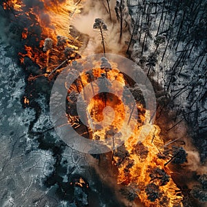 Aerial view of forest ablaze, parched landscape amidst scorching weather