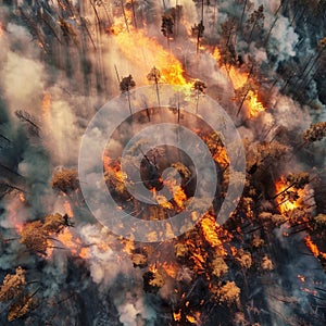 Aerial view of forest ablaze, parched landscape amidst scorching weather