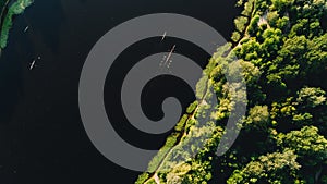 Aerial view of the forest. Canoe. River. Summer. Trees.