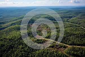 aerial view of a forest with clear-cut and reforested sections