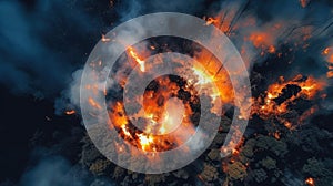Aerial view of forest fire. Generative Ai