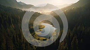 Aerial view of a forest lake in the middle of a foggy morning